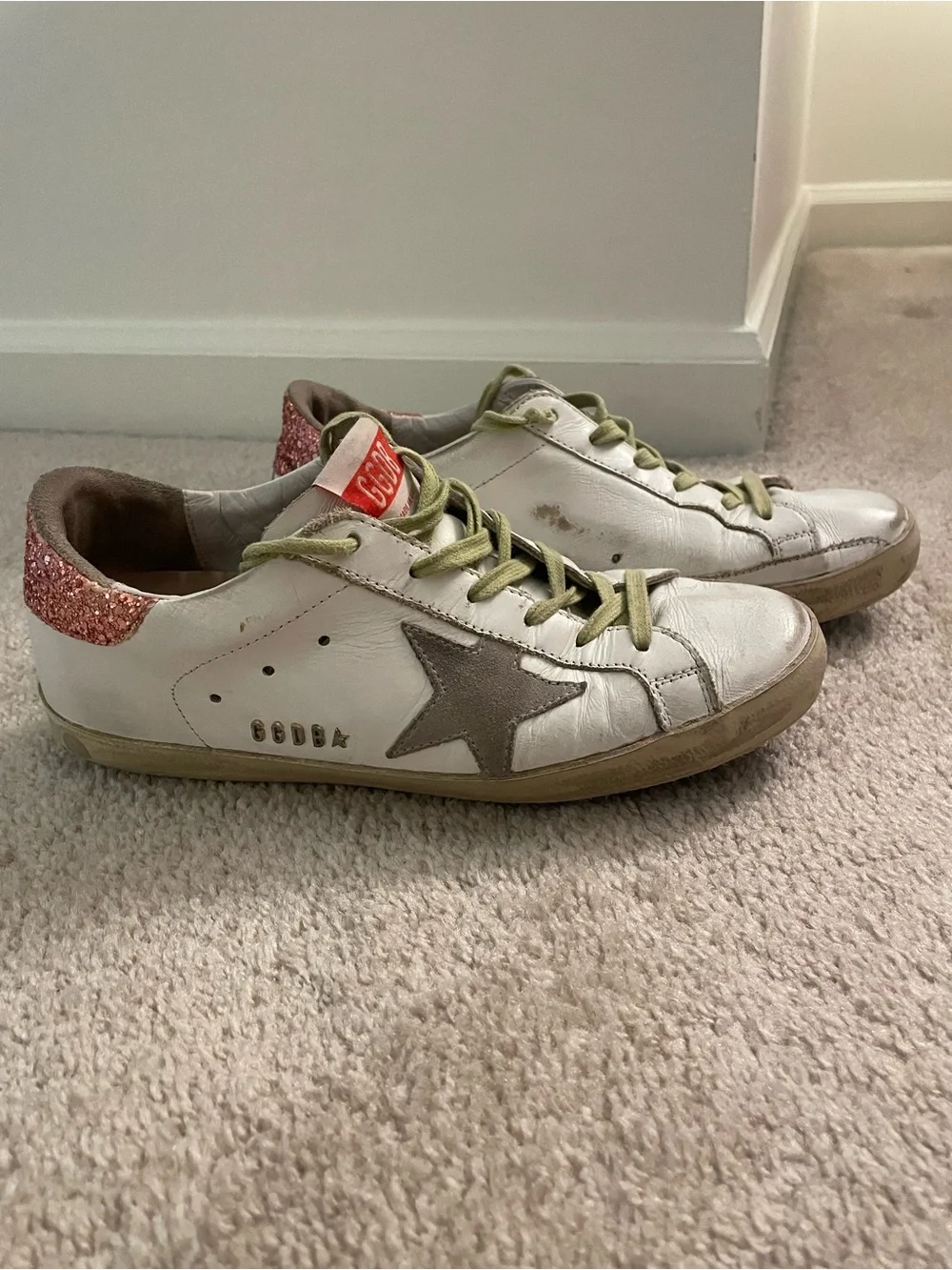 Golden Goose White Sneakers with Pink Glitter Heel and Gray Star